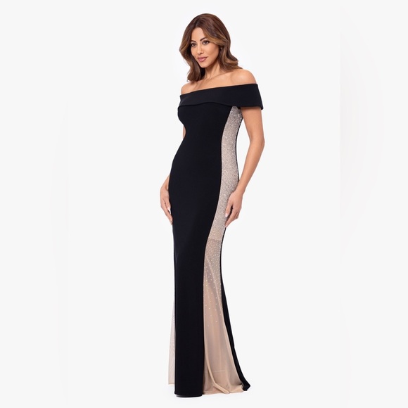 XSCAPE EVENINGS
"BRIANNA" OFF THE SHOULDER JERSEY KNIT CAVIAR BEADED GOWN - Picture 2 of 10